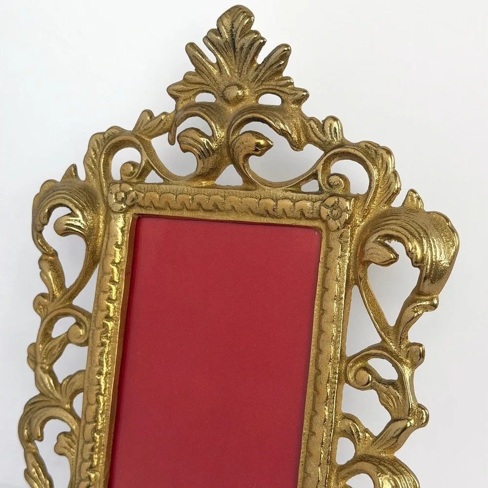Vtg Ornate Solid Brass Picture Frame Gold Victorian Hollywood Cast Metal 3.5x5